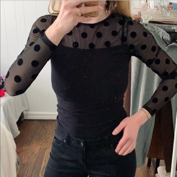 H&M Divided Sheer Mesh Polka Dot Black Long Sleeved Top - Picture 1 of 4